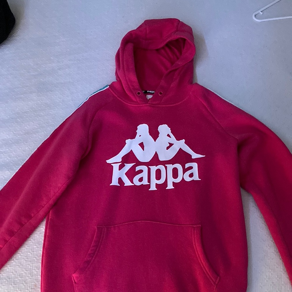 Pink kappa hoodie with light blue patching stripes